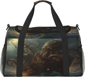 Travel Duffel Bag For Men Women, Ocean Kraken Nautical Pirate Ship Octopus Carry On Sport Gym Bag With Shoulder Strap Lightweight Waterproof Weekender Bag Overnight Bag
