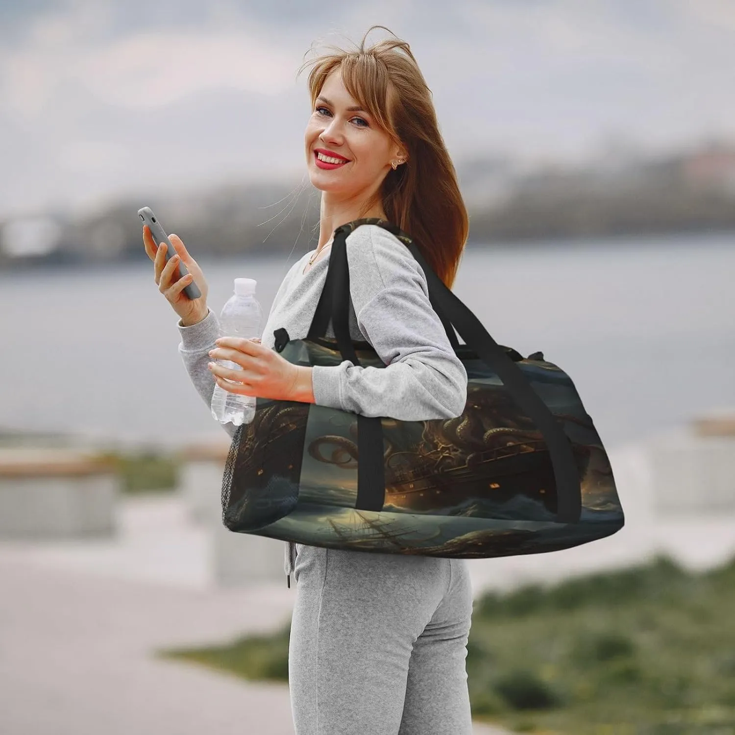 Travel Duffel Bag For Men Women, Ocean Kraken Nautical Pirate Ship Octopus Carry On Sport Gym Bag With Shoulder Strap Lightweight Waterproof Weekender Bag Overnight Bag