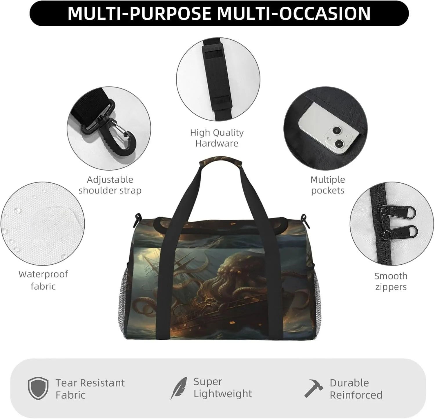Travel Duffel Bag For Men Women, Ocean Kraken Nautical Pirate Ship Octopus Carry On Sport Gym Bag With Shoulder Strap Lightweight Waterproof Weekender Bag Overnight Bag