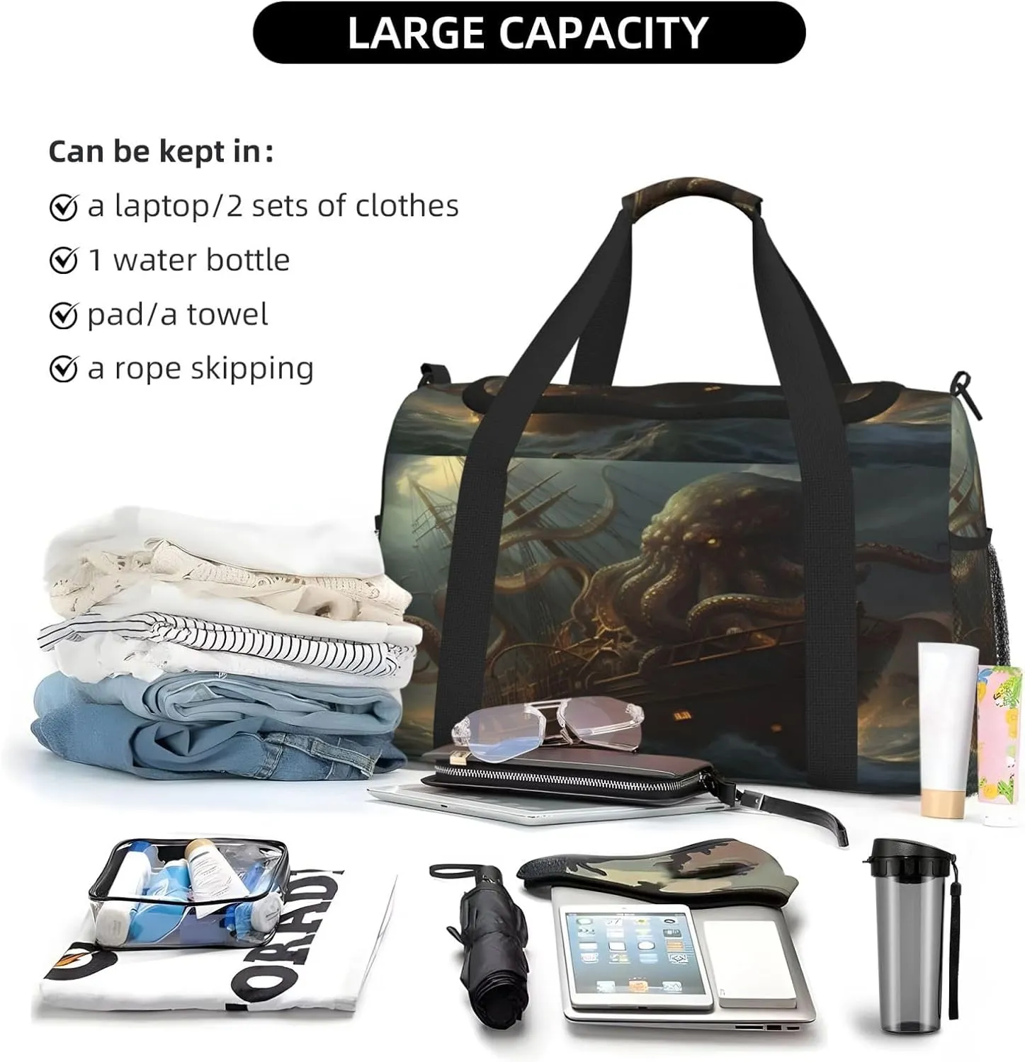 Travel Duffel Bag For Men Women, Ocean Kraken Nautical Pirate Ship Octopus Carry On Sport Gym Bag With Shoulder Strap Lightweight Waterproof Weekender Bag Overnight Bag