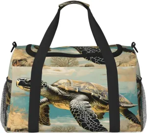 Travel Duffel Bag For Men Women, Retro Animal Turtle Pattern Carry On Sport Gym Bag With Shoulder Strap Lightweight Waterproof Weekender Bag Overnight Bag