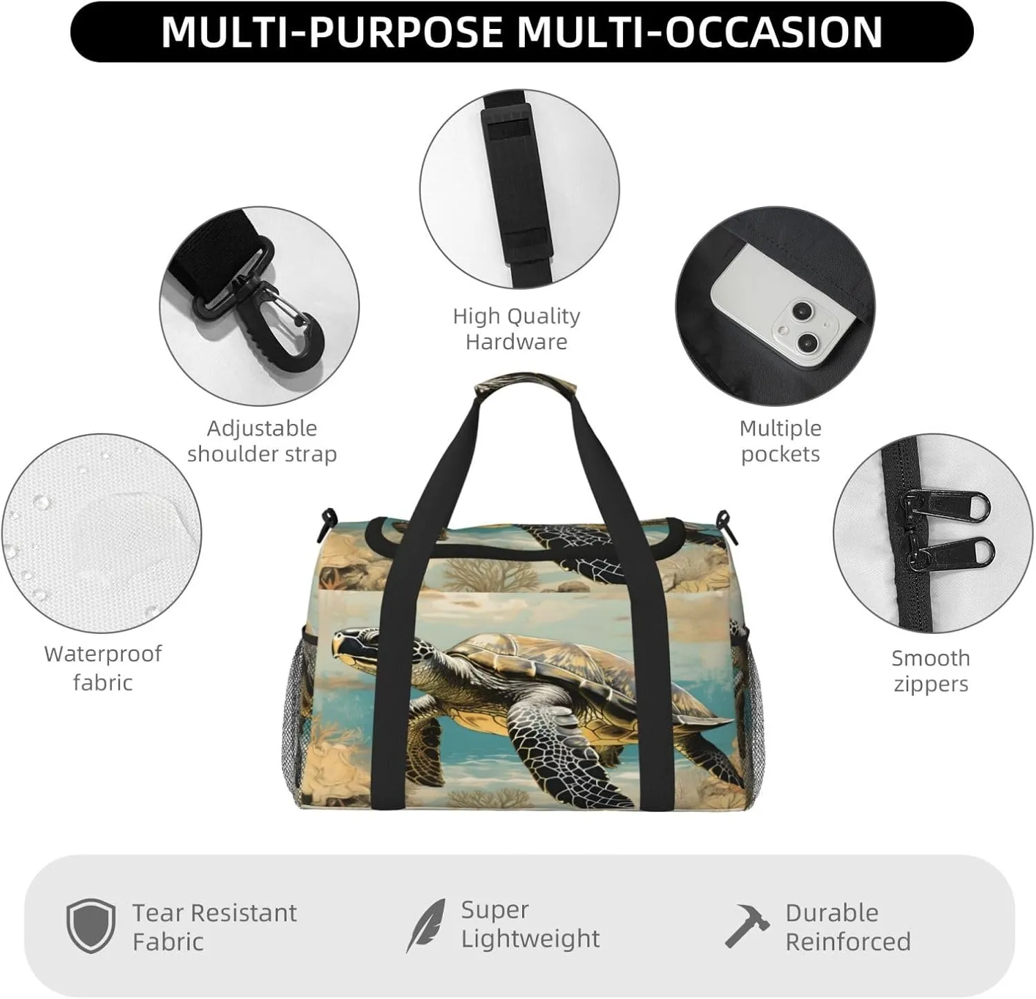 Travel Duffel Bag For Men Women, Retro Animal Turtle Pattern Carry On Sport Gym Bag With Shoulder Strap Lightweight Waterproof Weekender Bag Overnight Bag