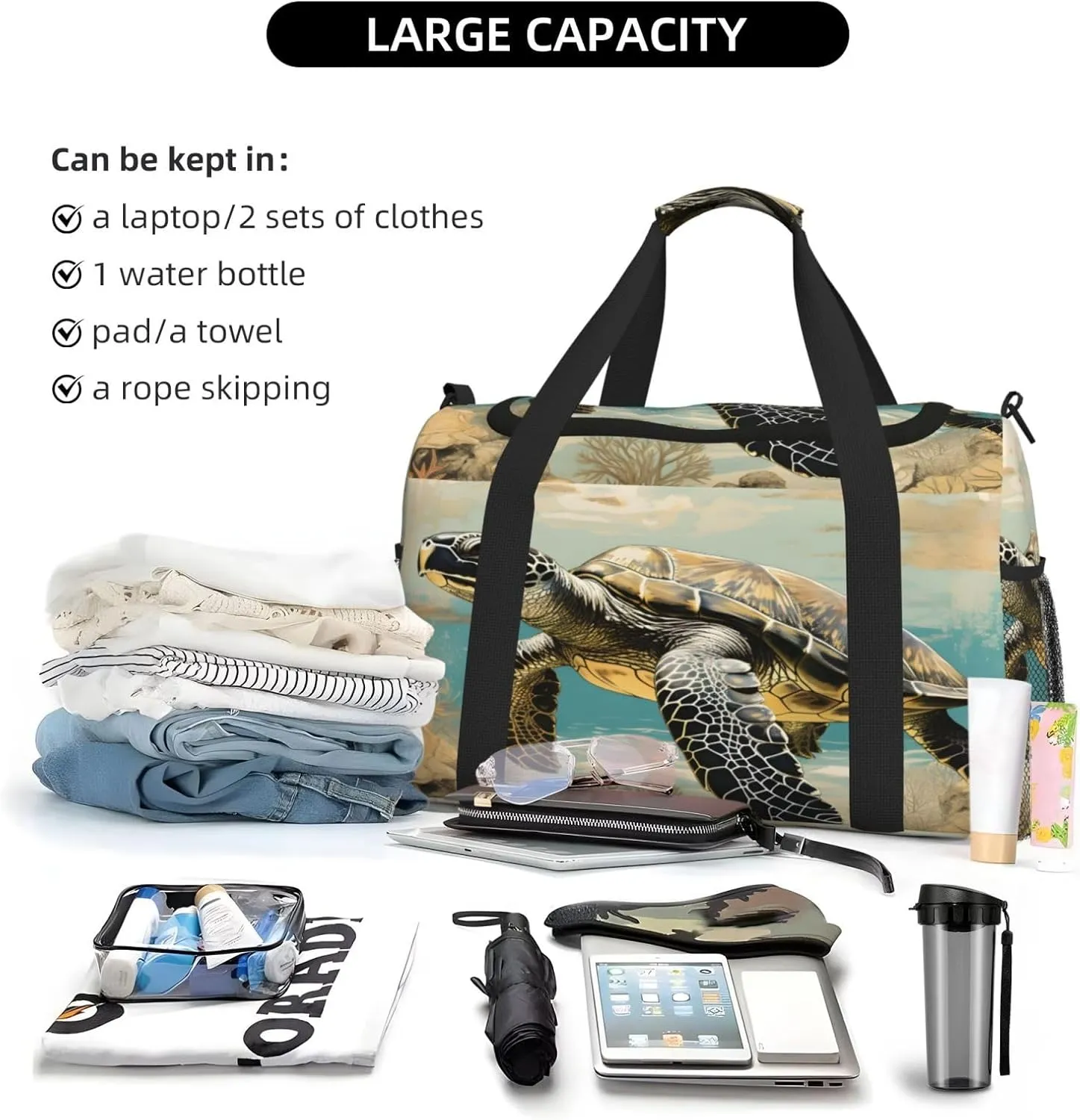 Travel Duffel Bag For Men Women, Retro Animal Turtle Pattern Carry On Sport Gym Bag With Shoulder Strap Lightweight Waterproof Weekender Bag Overnight Bag