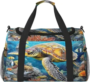 Travel Duffel Bag For Men Women, Sea Turtles Fish Underwater Carry On Sport Gym Bag With Shoulder Strap Lightweight Waterproof Weekender Bag Overnight Bag