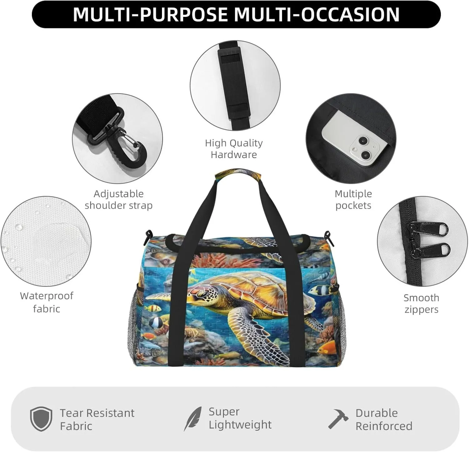 Travel Duffel Bag For Men Women, Sea Turtles Fish Underwater Carry On Sport Gym Bag With Shoulder Strap Lightweight Waterproof Weekender Bag Overnight Bag