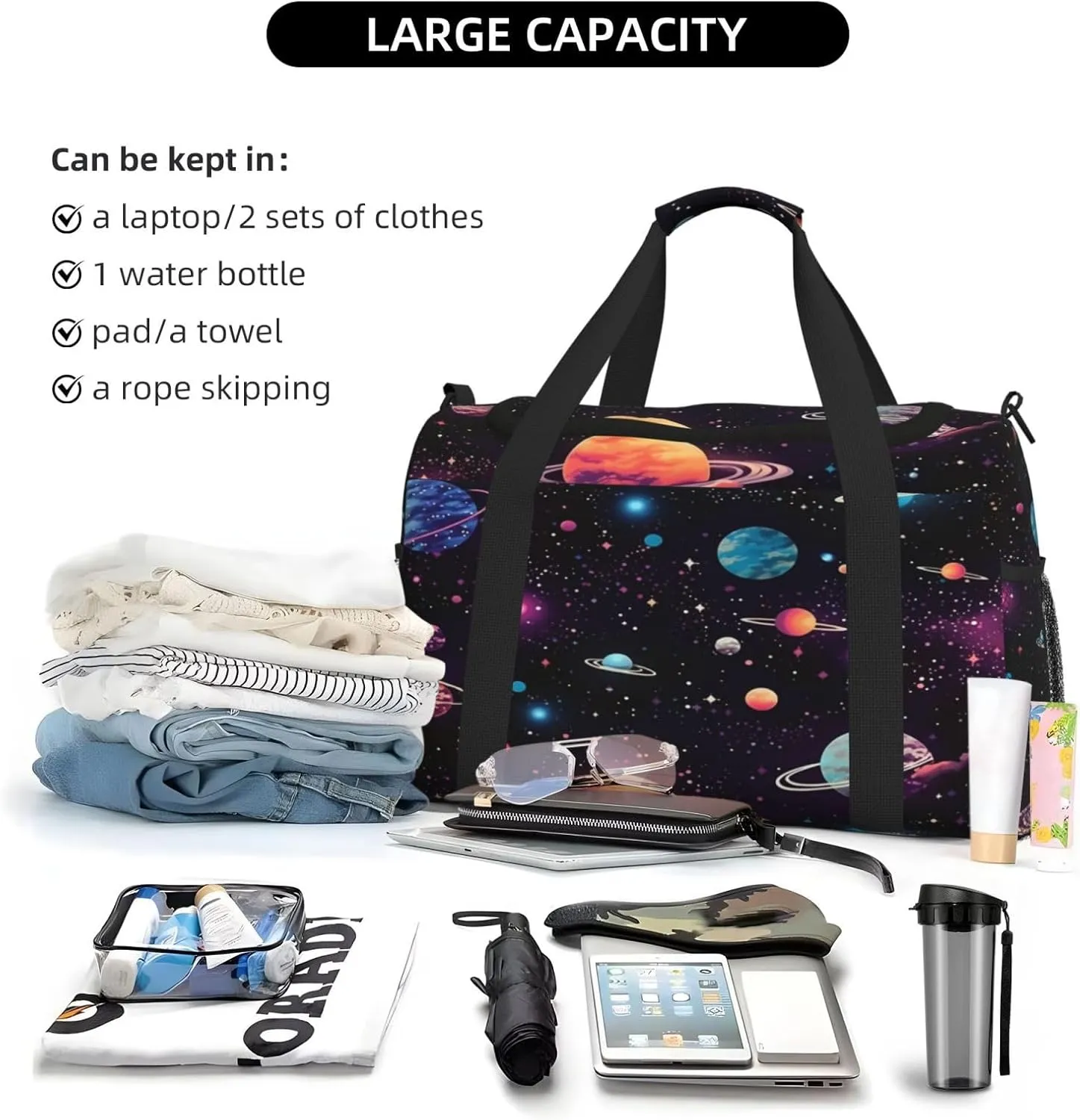 Travel Duffel Bag For Men Women, Space Galaxy Constellation Planet Pattern Carry On Sport Gym Bag With Shoulder Strap Lightweight Waterproof Weekender Bag Overnight Bag