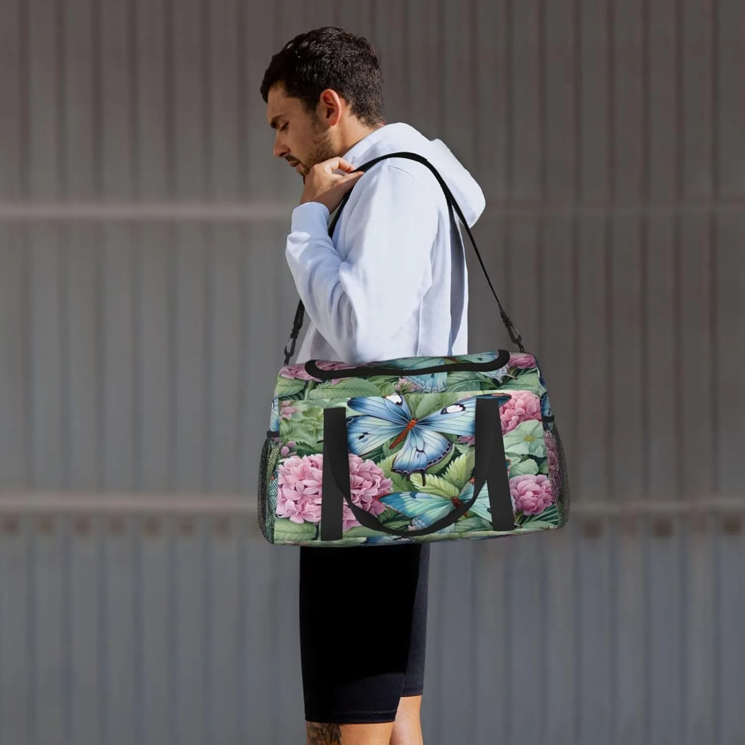 Travel Duffel Bag For Men Women, Spring Hydrangea Butterflies Carry On Sport Gym Bag With Shoulder Strap Lightweight Waterproof Weekender Bag Overnight Bag