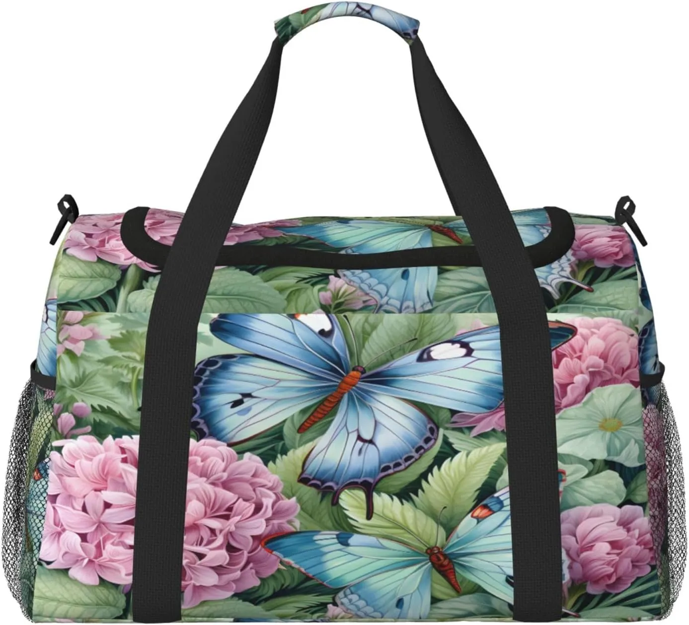 Travel Duffel Bag For Men Women, Spring Hydrangea Butterflies Carry On Sport Gym Bag With Shoulder Strap Lightweight Waterproof Weekender Bag Overnight Bag