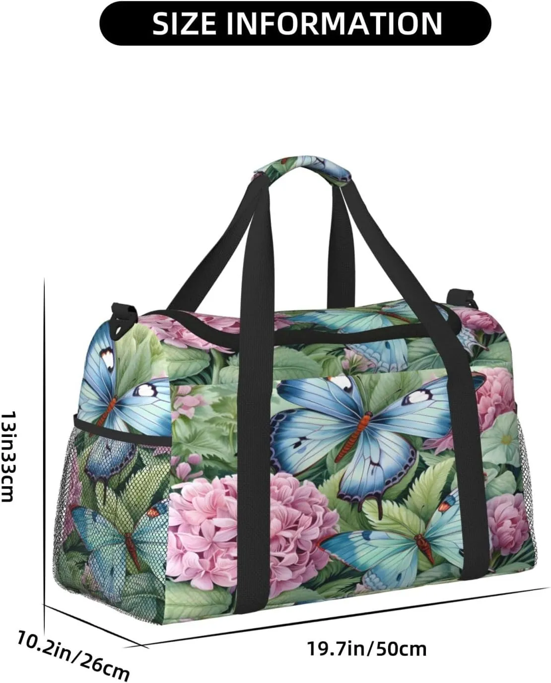 Travel Duffel Bag For Men Women, Spring Hydrangea Butterflies Carry On Sport Gym Bag With Shoulder Strap Lightweight Waterproof Weekender Bag Overnight Bag