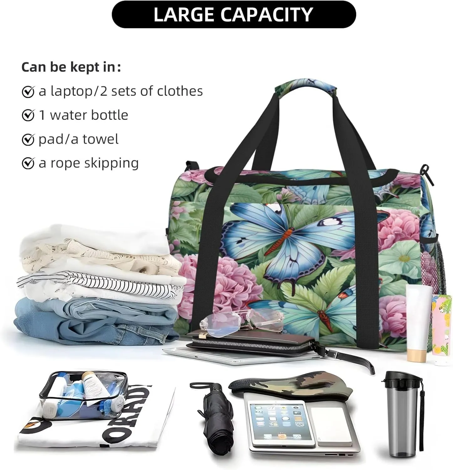 Travel Duffel Bag For Men Women, Spring Hydrangea Butterflies Carry On Sport Gym Bag With Shoulder Strap Lightweight Waterproof Weekender Bag Overnight Bag