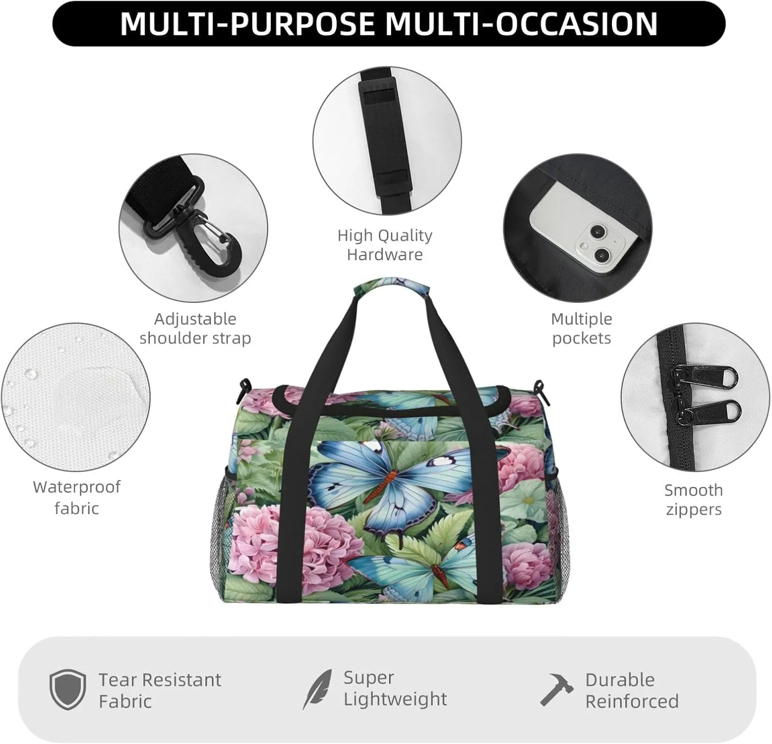Travel Duffel Bag For Men Women, Spring Hydrangea Butterflies Carry On Sport Gym Bag With Shoulder Strap Lightweight Waterproof Weekender Bag Overnight Bag