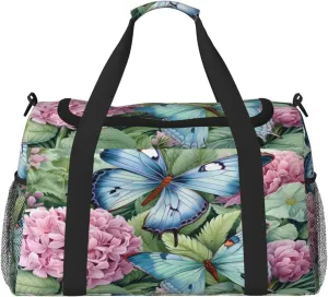 Travel Duffel Bag For Men Women, Spring Hydrangea Butterflies Carry On Sport Gym Bag With Shoulder Strap Lightweight Waterproof Weekender Bag Overnight Bag