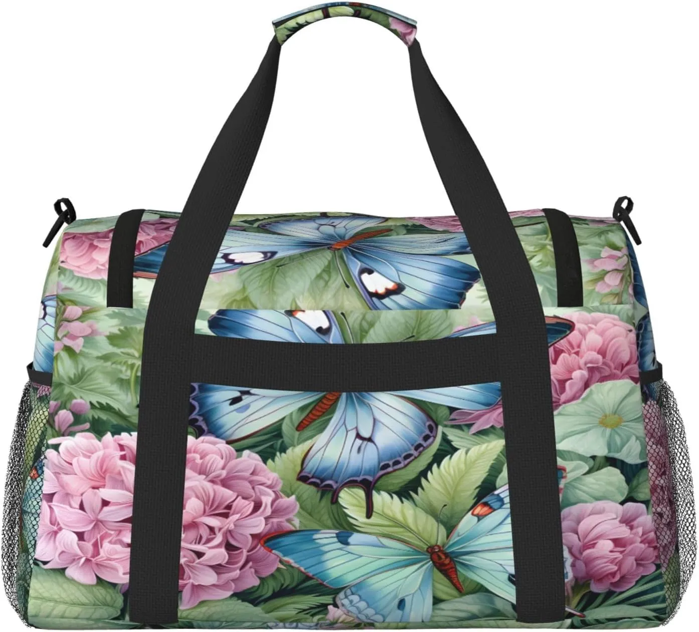 Travel Duffel Bag For Men Women, Spring Hydrangea Butterflies Carry On Sport Gym Bag With Shoulder Strap Lightweight Waterproof Weekender Bag Overnight Bag