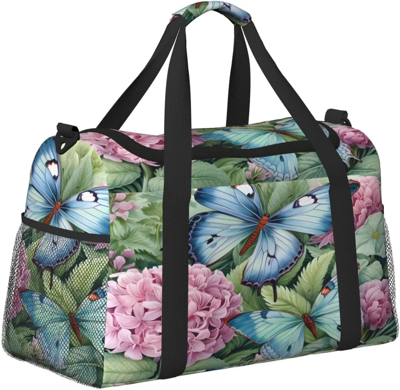 Travel Duffel Bag For Men Women, Spring Hydrangea Butterflies Carry On Sport Gym Bag With Shoulder Strap Lightweight Waterproof Weekender Bag Overnight Bag