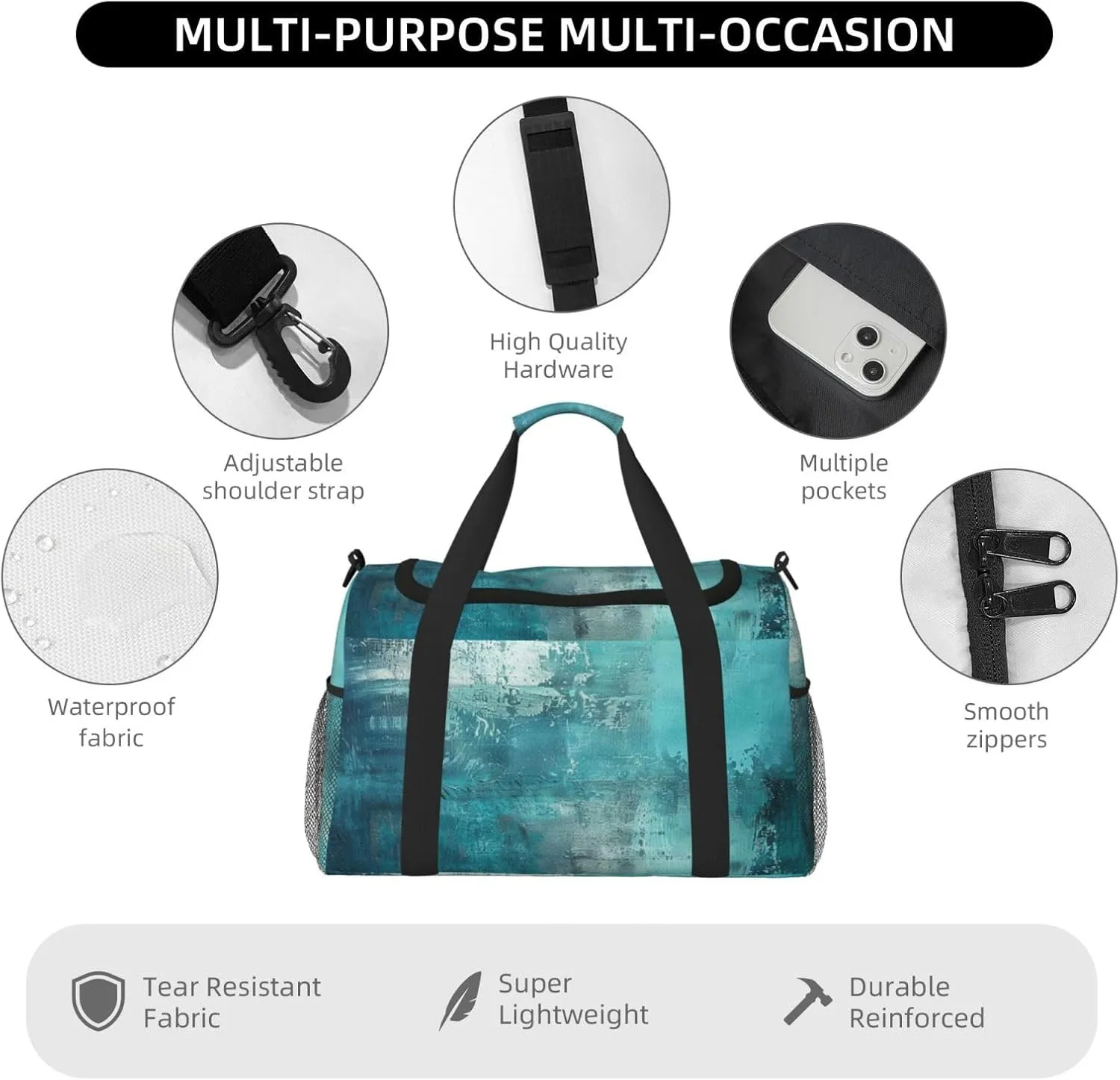 Travel Duffel Bag For Men Women, Turquoise Blue Art Painting Carry On Sport Gym Bag With Shoulder Strap Lightweight Waterproof Weekender Bag Overnight Bag