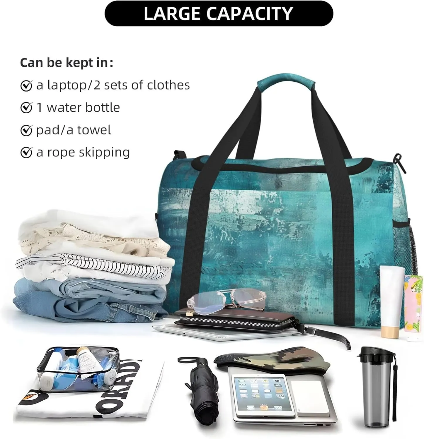 Travel Duffel Bag For Men Women, Turquoise Blue Art Painting Carry On Sport Gym Bag With Shoulder Strap Lightweight Waterproof Weekender Bag Overnight Bag