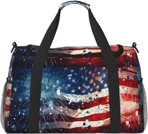 Travel Duffel Bag For Men Women, Usa Flag Firework Independense Day Carry On Sport Gym Bag With Shoulder Strap Lightweight Waterproof Weekender Bag Overnight Bag