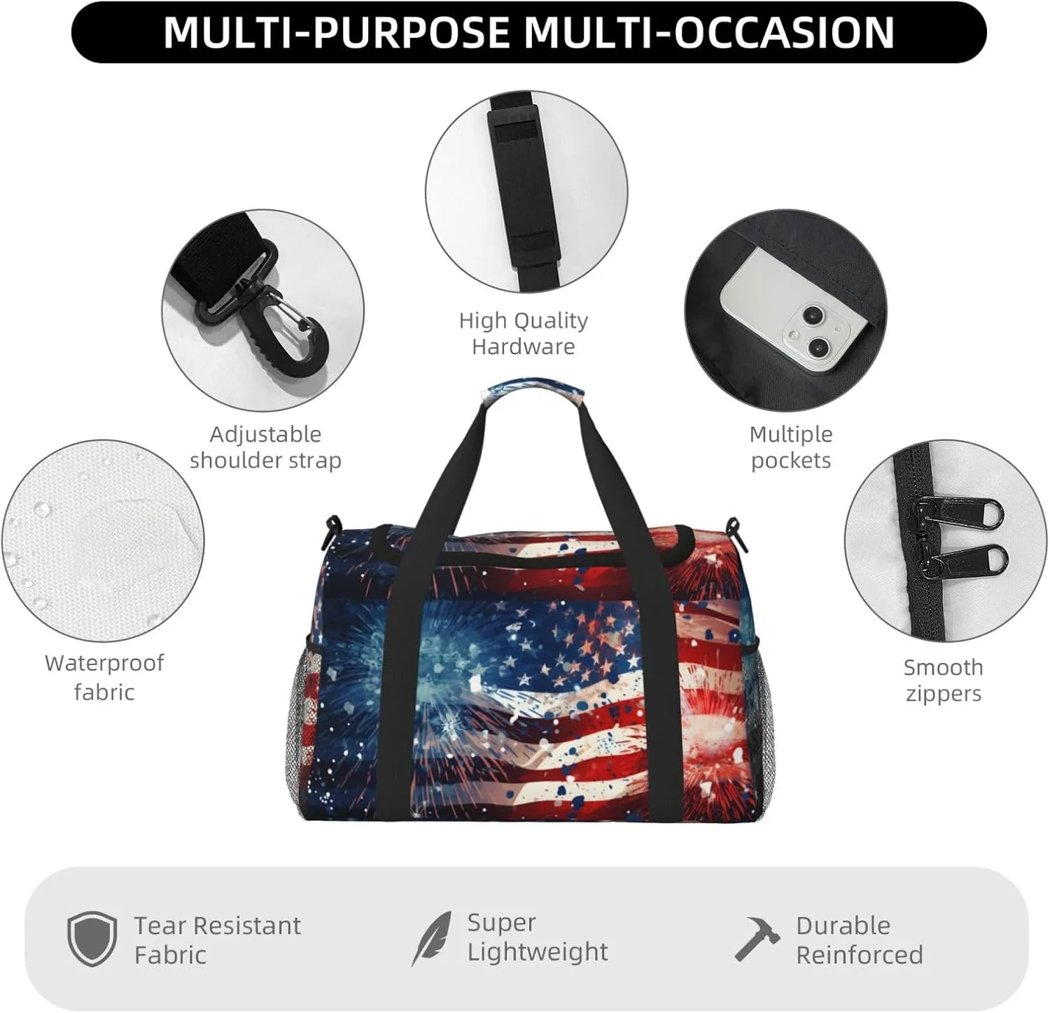 Travel Duffel Bag For Men Women, Usa Flag Firework Independense Day Carry On Sport Gym Bag With Shoulder Strap Lightweight Waterproof Weekender Bag Overnight Bag