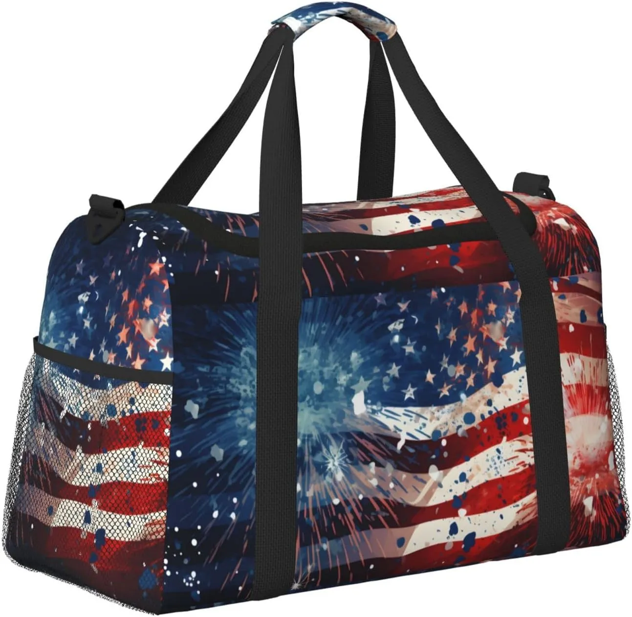 Travel Duffel Bag For Men Women, Usa Flag Firework Independense Day Carry On Sport Gym Bag With Shoulder Strap Lightweight Waterproof Weekender Bag Overnight Bag