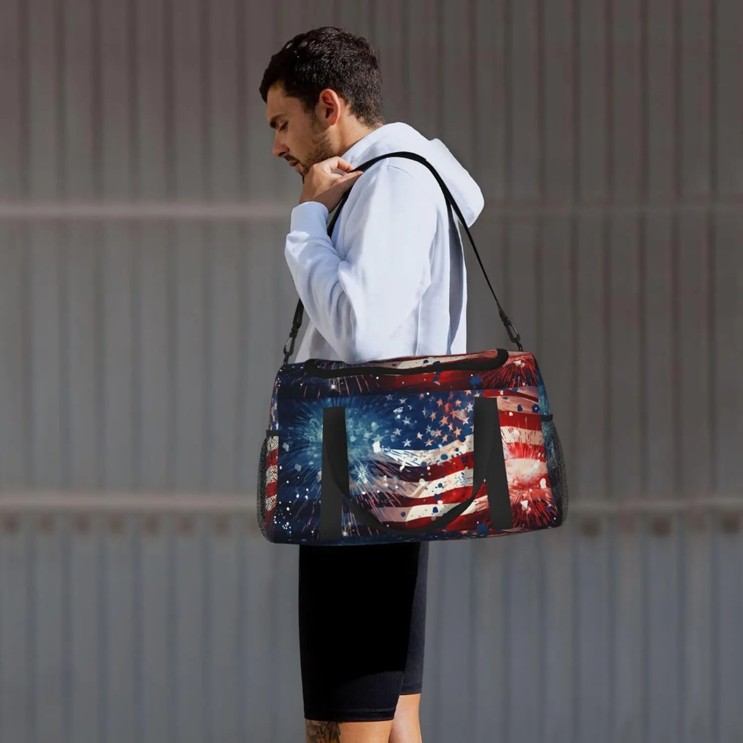 Travel Duffel Bag For Men Women, Usa Flag Firework Independense Day Carry On Sport Gym Bag With Shoulder Strap Lightweight Waterproof Weekender Bag Overnight Bag
