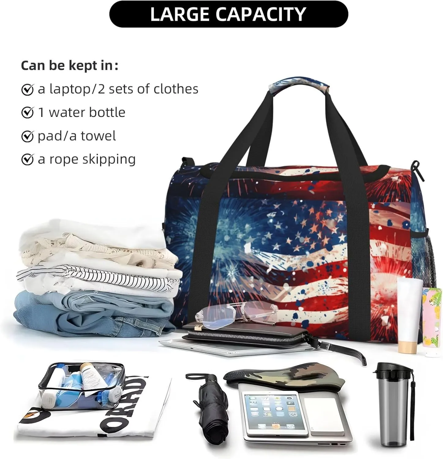 Travel Duffel Bag For Men Women, Usa Flag Firework Independense Day Carry On Sport Gym Bag With Shoulder Strap Lightweight Waterproof Weekender Bag Overnight Bag