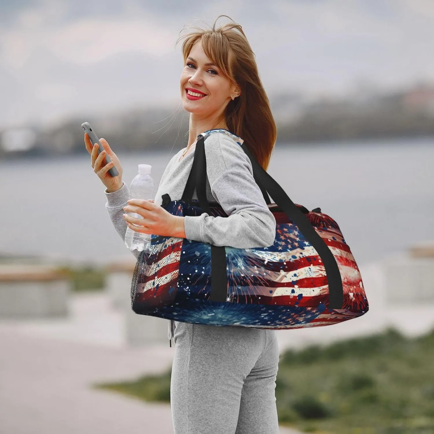 Travel Duffel Bag For Men Women, Usa Flag Firework Independense Day Carry On Sport Gym Bag With Shoulder Strap Lightweight Waterproof Weekender Bag Overnight Bag