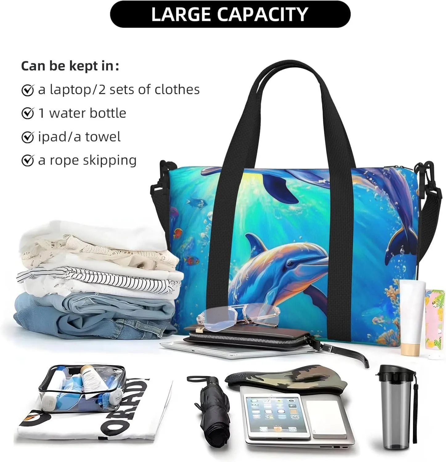 Travel Duffle Bag Dolphins Ocean Sea Weekender Overnight Bags Luggage Bag for Women Men Waterproof Sports Gym Bag Hand Bag with Shoulder Strap