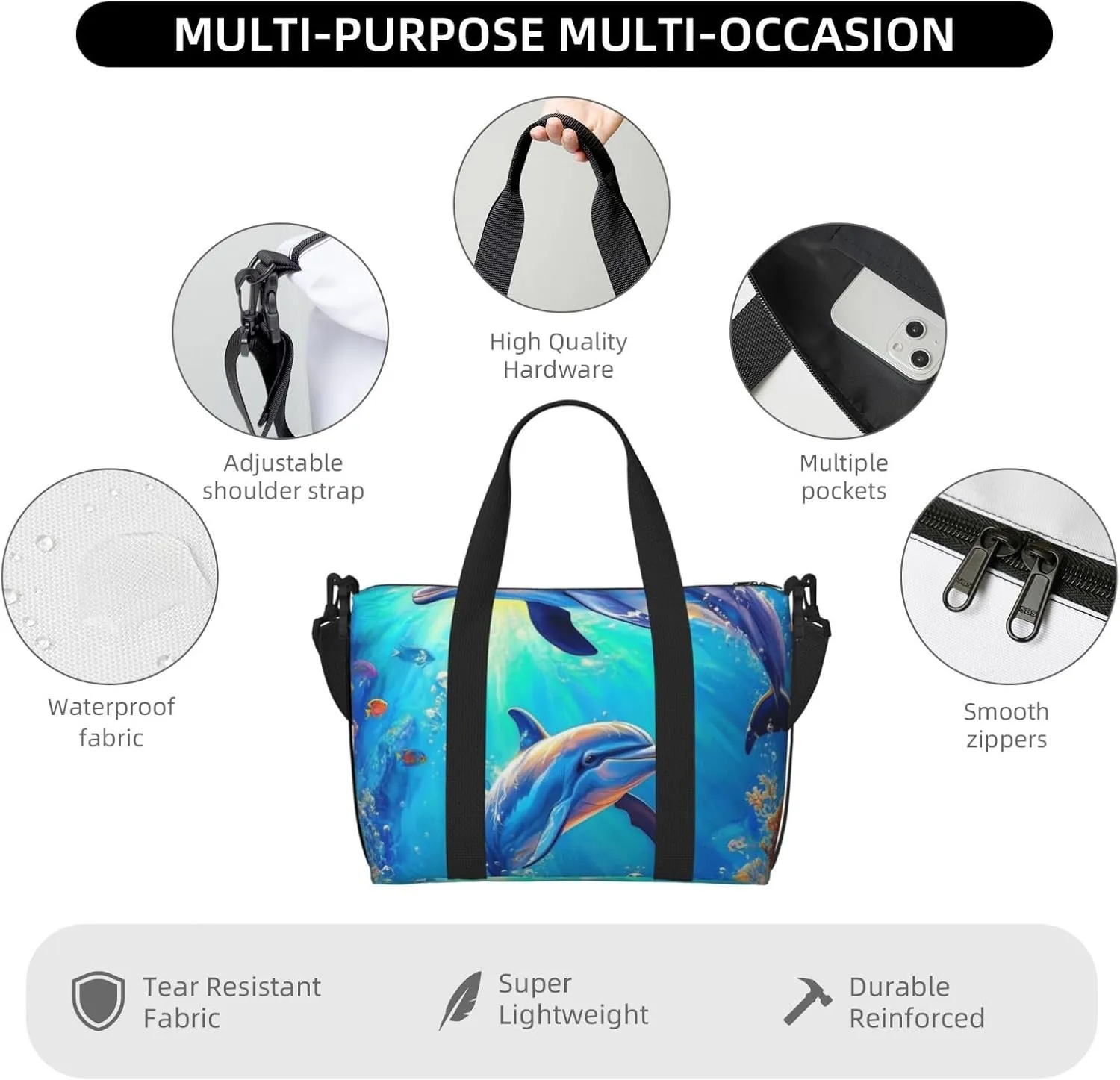 Travel Duffle Bag Dolphins Ocean Sea Weekender Overnight Bags Luggage Bag for Women Men Waterproof Sports Gym Bag Hand Bag with Shoulder Strap