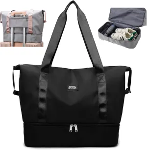 Travel Duffle Bag, Waterproof Large Foldable Airline Approved Tote Bag, Weekender, Overnight Gym Dry&Wet Separation Carry On, Hospital Bag for Labor and Delivery with Luggage Sleeve (Black)