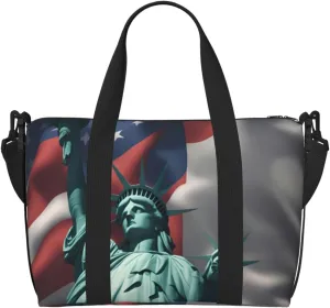 Travel Duffle Bag Weekender Bag Carry On Tote Bag Sport Gym Bag for Women Men Statue of Liberty Flag Print