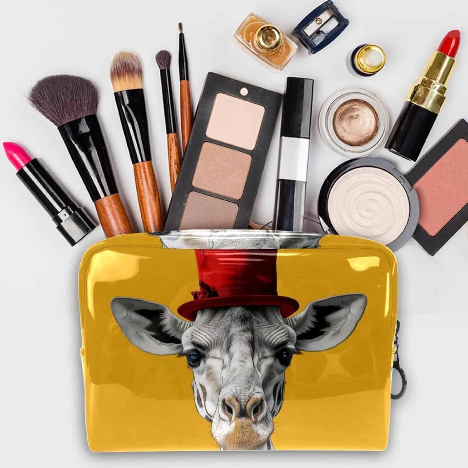 Travel Makeup Bag Giraffe Red Hat Cosmetic Bag Waterproof Toiletry Bag Portable Pouch For Women 7.3x3x5.1in