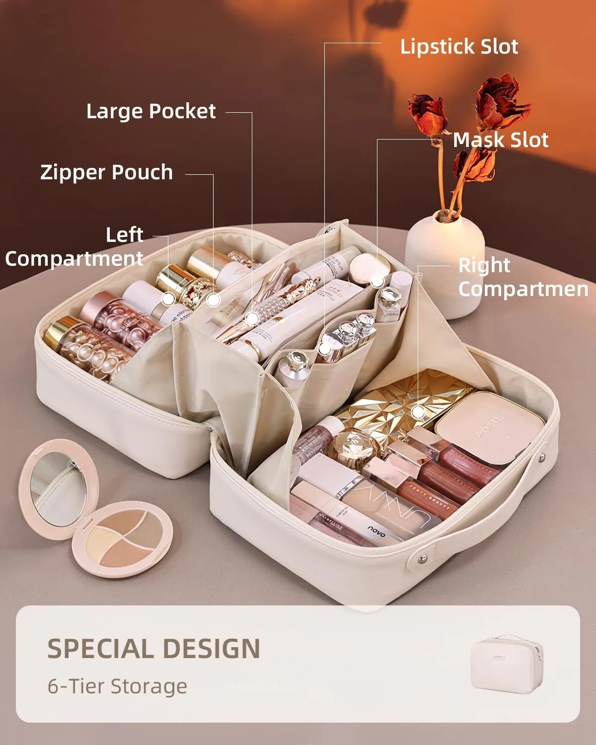 Travel Makeup Bag, Portable Cosmetic Organizer for Women, Waterproof with Multi-Compartment Design, for Toiletries, Brushes, Travel Essentials