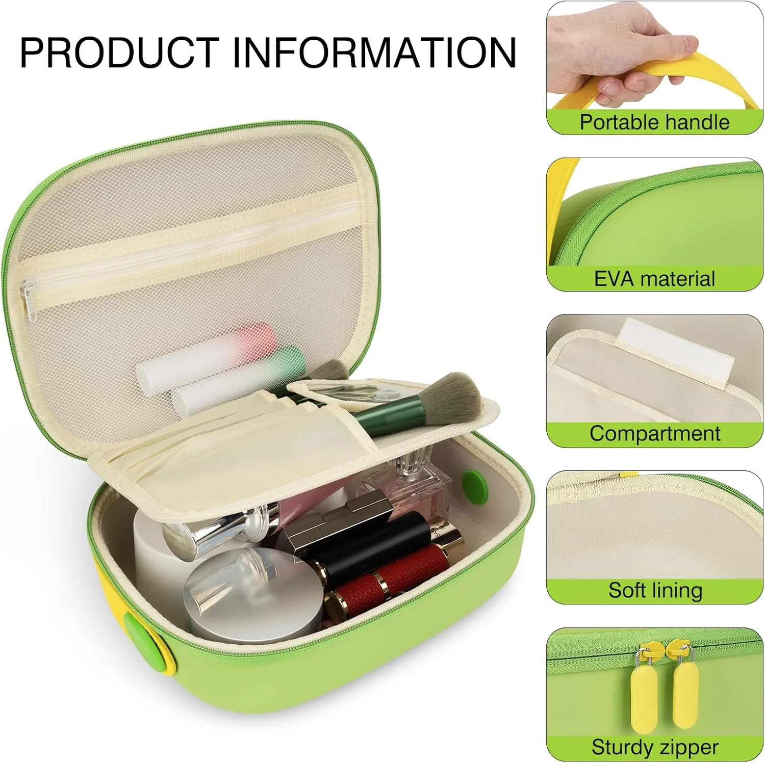 Travel Makeup Bag, Portable EVA Material Makeup Storage Bag with Hand Strap, Large Capacity Cosmetic Bag for Women, Essential Organizer for Makeup with Compartment (Green)