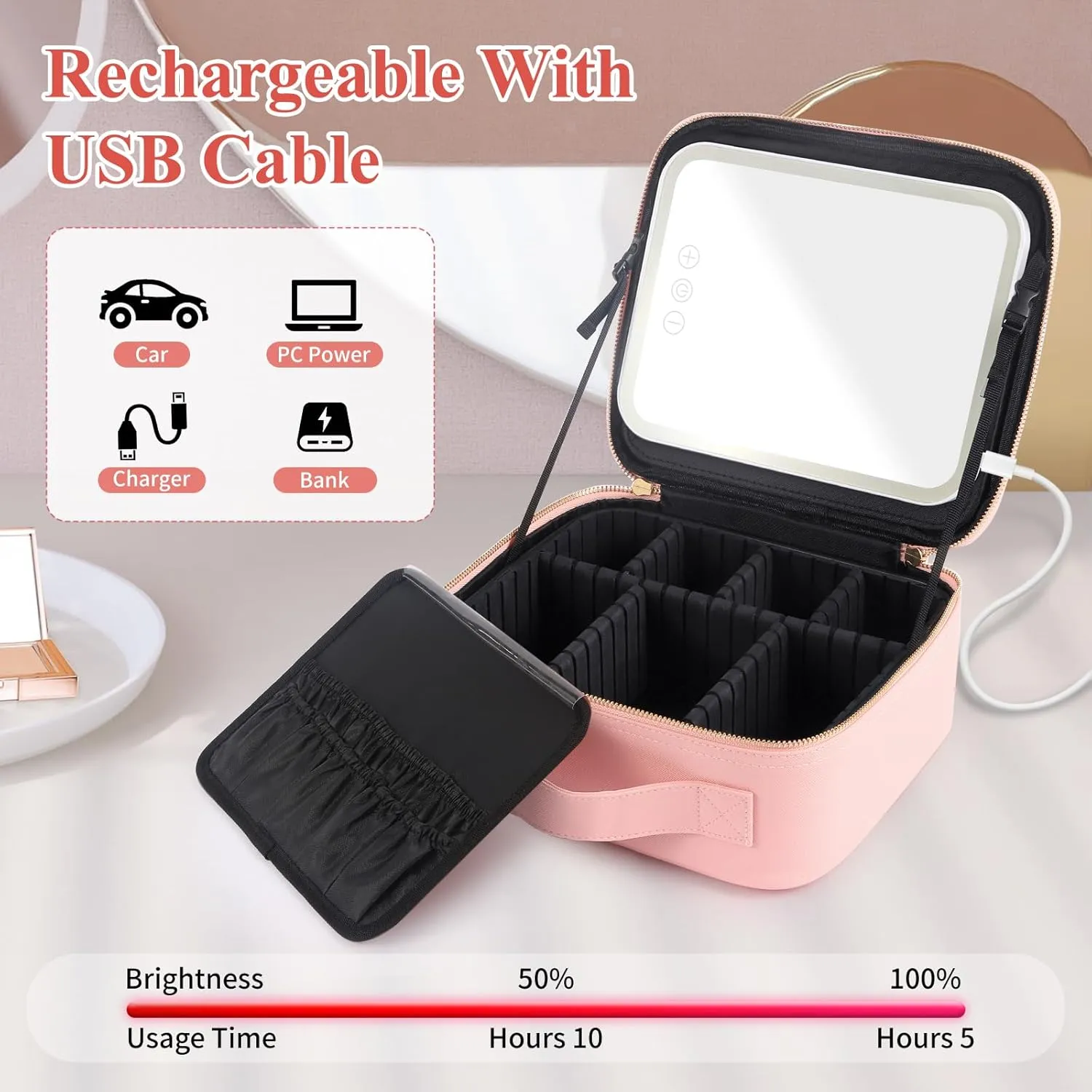 Travel Makeup Bag with LED Mirror, Makeup Bag with Mirror and Light Cosmetic Bag for Makeup Brushes, Tool Case, Makeup Travel Train Case with Adjustable Divider, Designed for Women. (Pink)