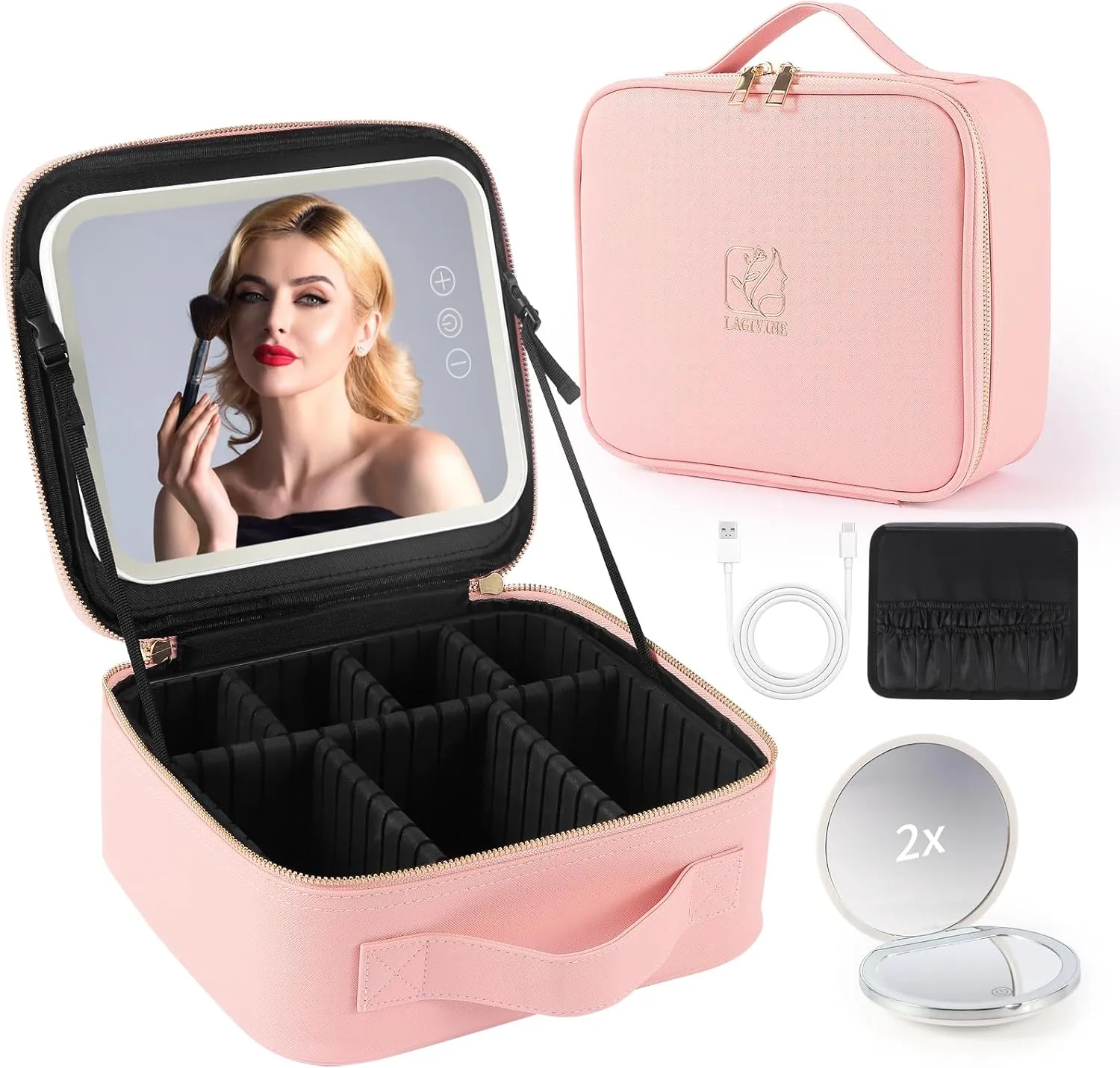 Travel Makeup Bag with LED Mirror, Makeup Bag with Mirror and Light Cosmetic Bag for Makeup Brushes, Tool Case, Makeup Travel Train Case with Adjustable Divider, Designed for Women. (Pink)