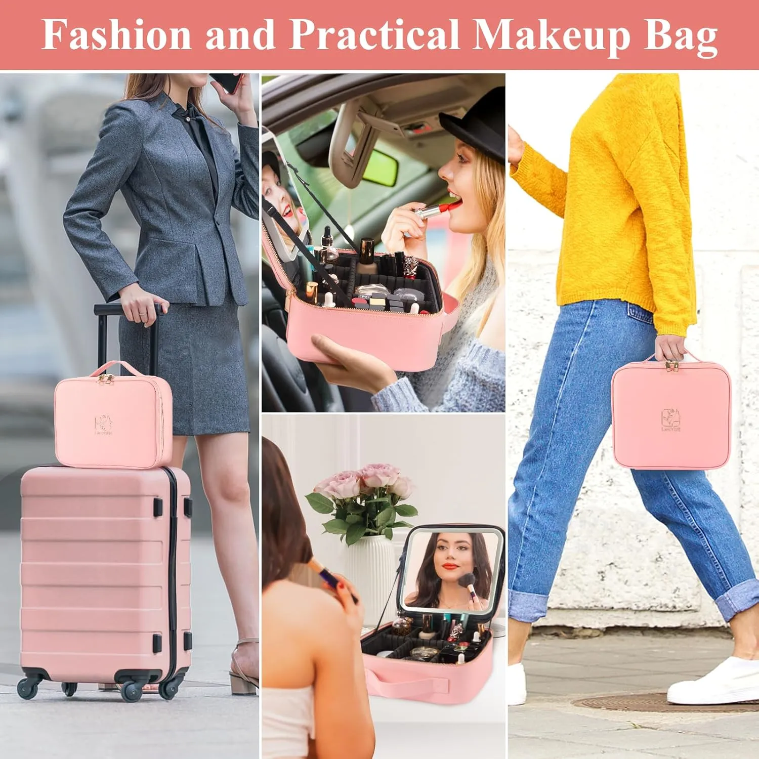 Travel Makeup Bag with LED Mirror, Makeup Bag with Mirror and Light Cosmetic Bag for Makeup Brushes, Tool Case, Makeup Travel Train Case with Adjustable Divider, Designed for Women. (Pink)
