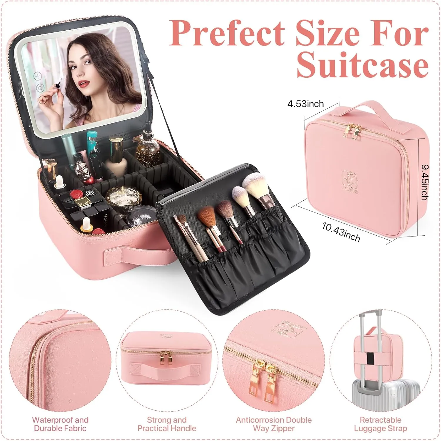 Travel Makeup Bag with LED Mirror, Makeup Bag with Mirror and Light Cosmetic Bag for Makeup Brushes, Tool Case, Makeup Travel Train Case with Adjustable Divider, Designed for Women. (Pink)