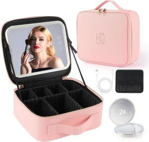 Travel Makeup Bag with LED Mirror, Makeup Bag with Mirror and Light Cosmetic Bag for Makeup Brushes, Tool Case, Makeup Travel Train Case with Adjustable Divider, Designed for Women. (Pink)