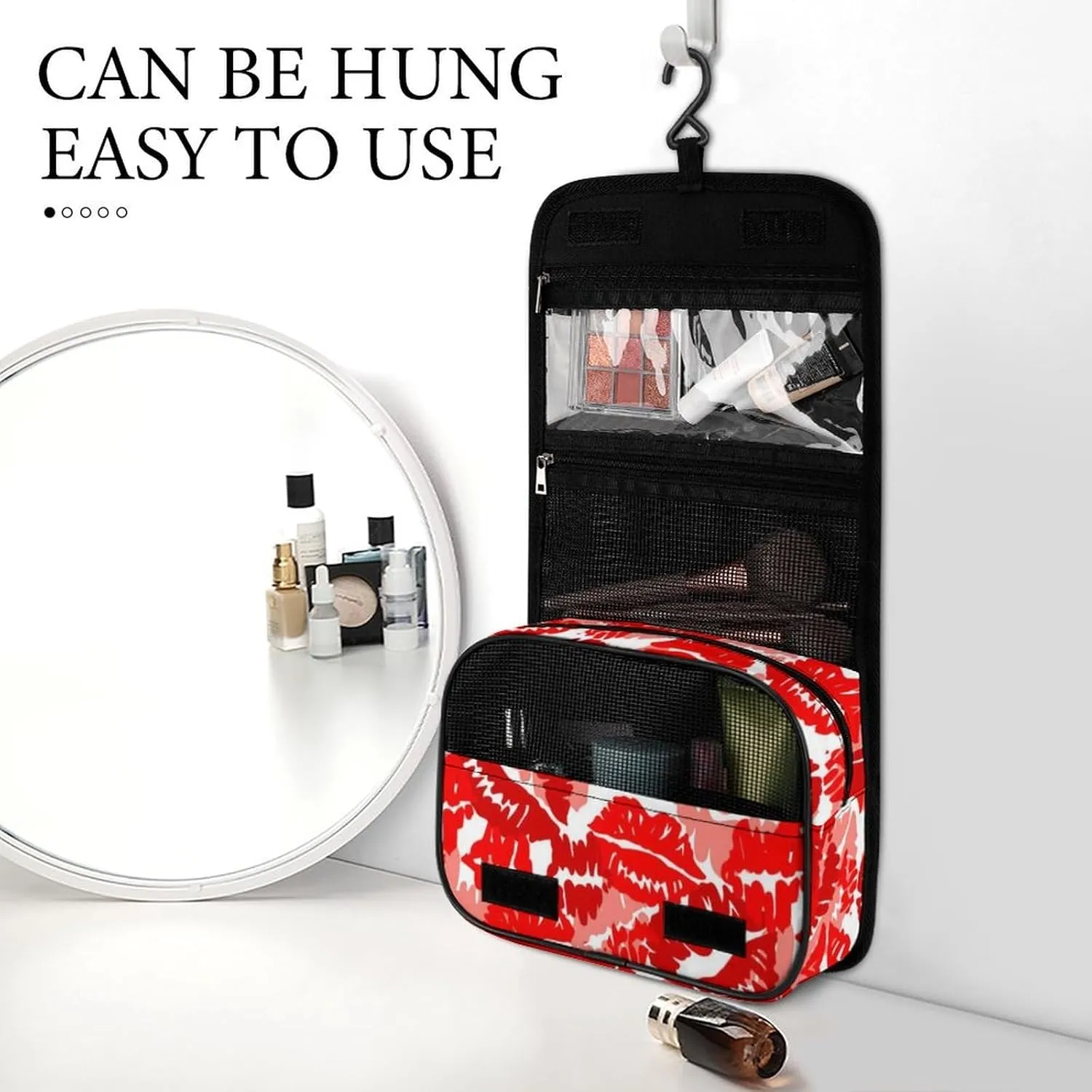 Travel Toiletry Bag Compatible with Red Lip Prints of Lipstick, Makeup Bag for Women, Portable Water Resistant Travel Bag for Toiletries and Cosmetic