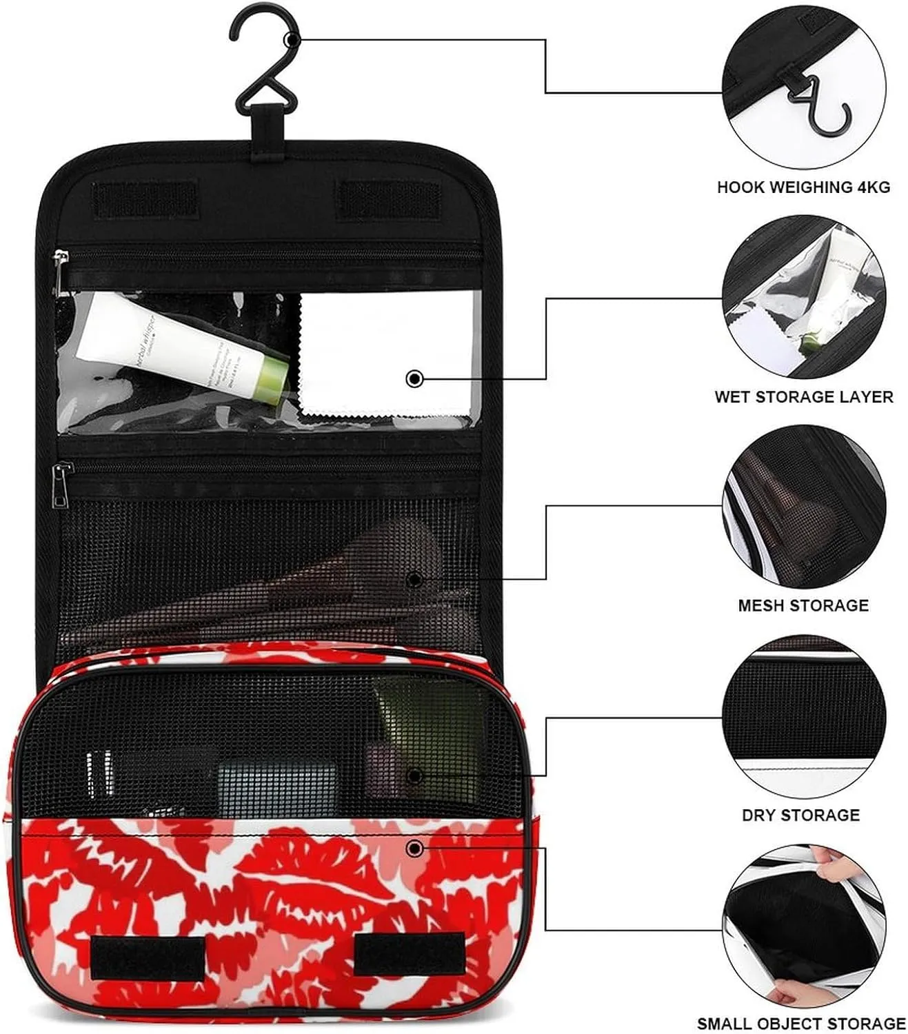 Travel Toiletry Bag Compatible with Red Lip Prints of Lipstick, Makeup Bag for Women, Portable Water Resistant Travel Bag for Toiletries and Cosmetic