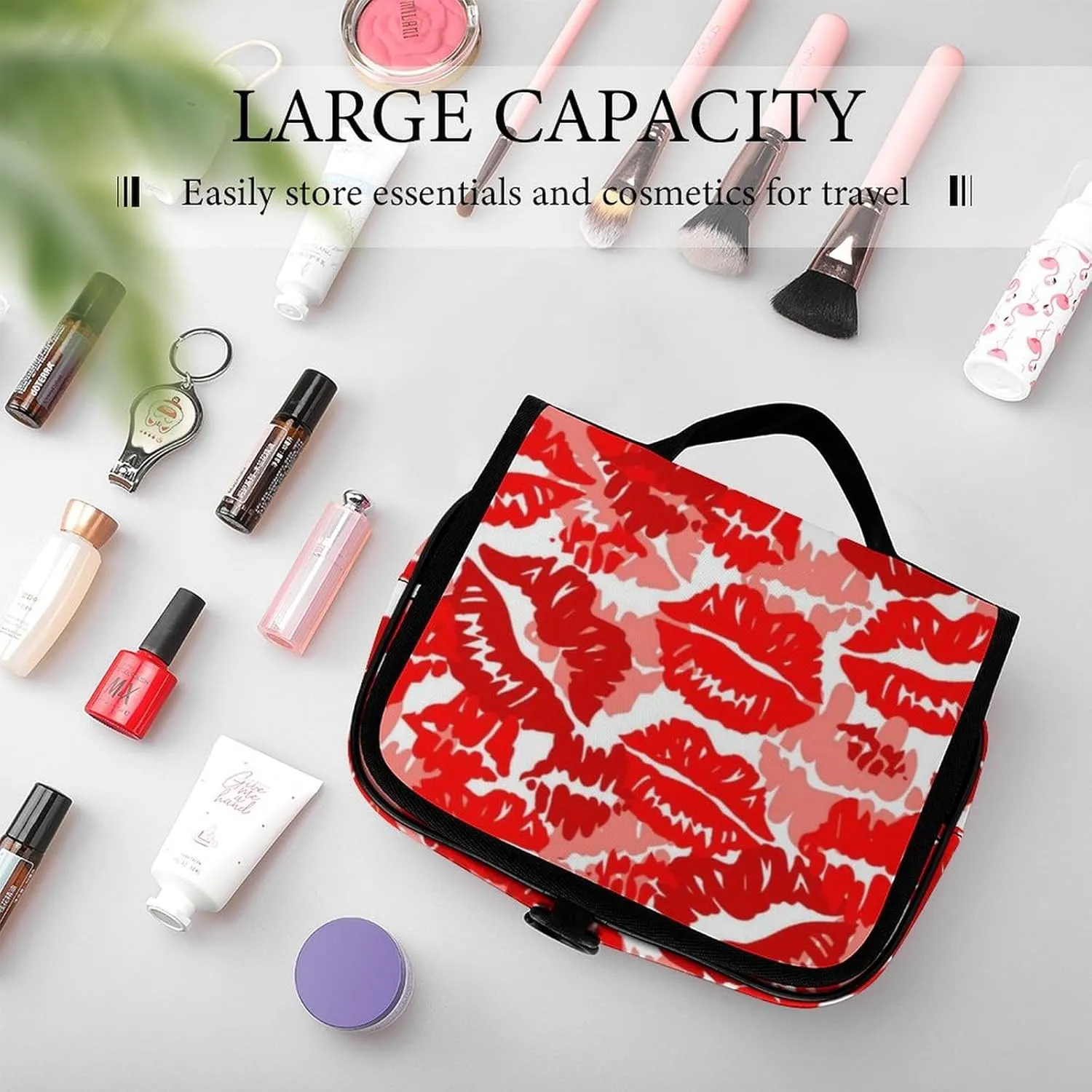 Travel Toiletry Bag Compatible with Red Lip Prints of Lipstick, Makeup Bag for Women, Portable Water Resistant Travel Bag for Toiletries and Cosmetic