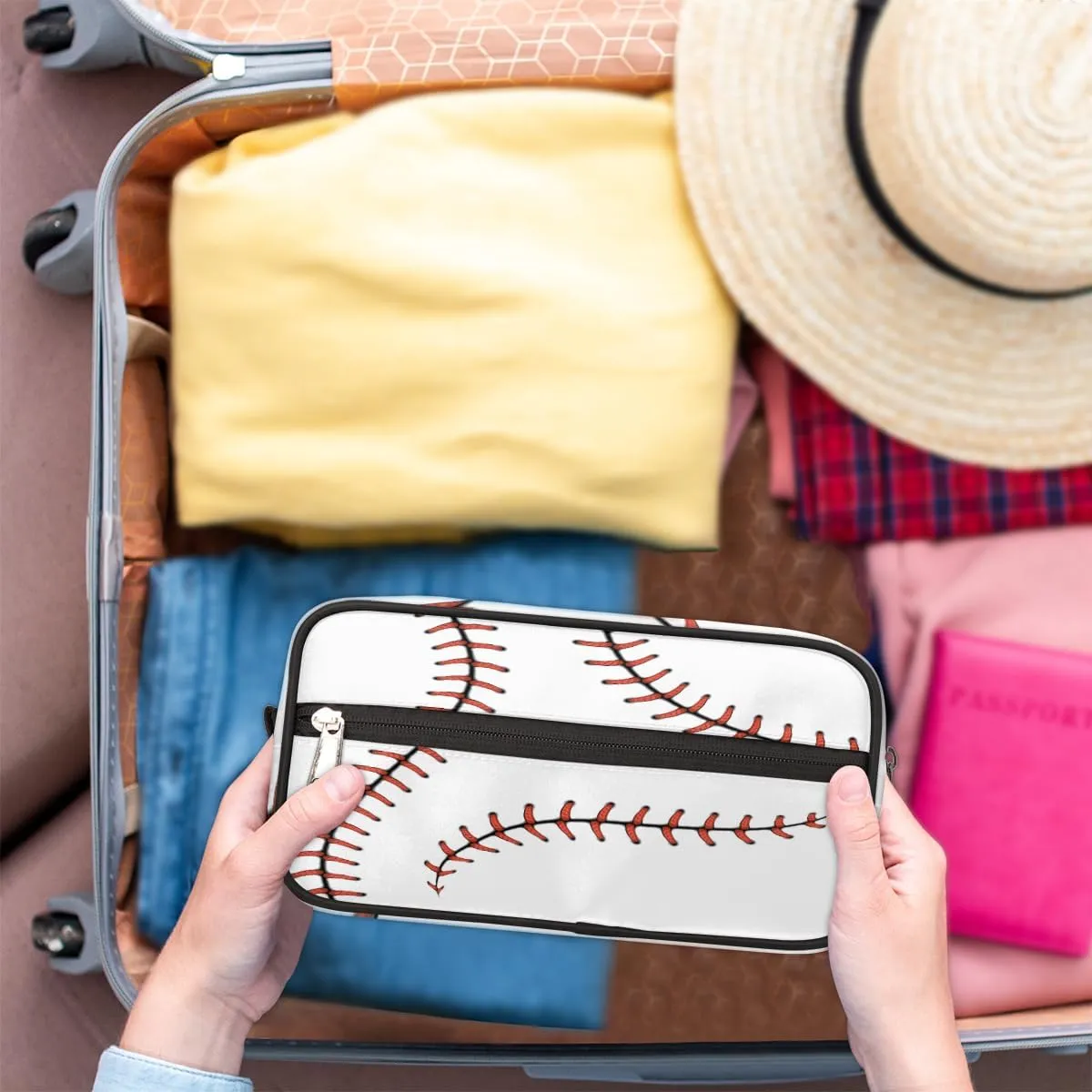 Travel Toiletry Bag for Men Women, Water-resistant Shaving Bag, Foldable Storage Bags with Handle for Toiletries Accessories Cosmetics Brushes Tools (Baseball)