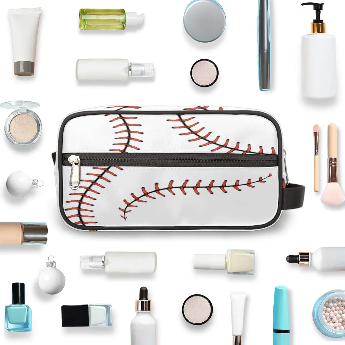 Travel Toiletry Bag for Men Women, Water-resistant Shaving Bag, Foldable Storage Bags with Handle for Toiletries Accessories Cosmetics Brushes Tools (Baseball)