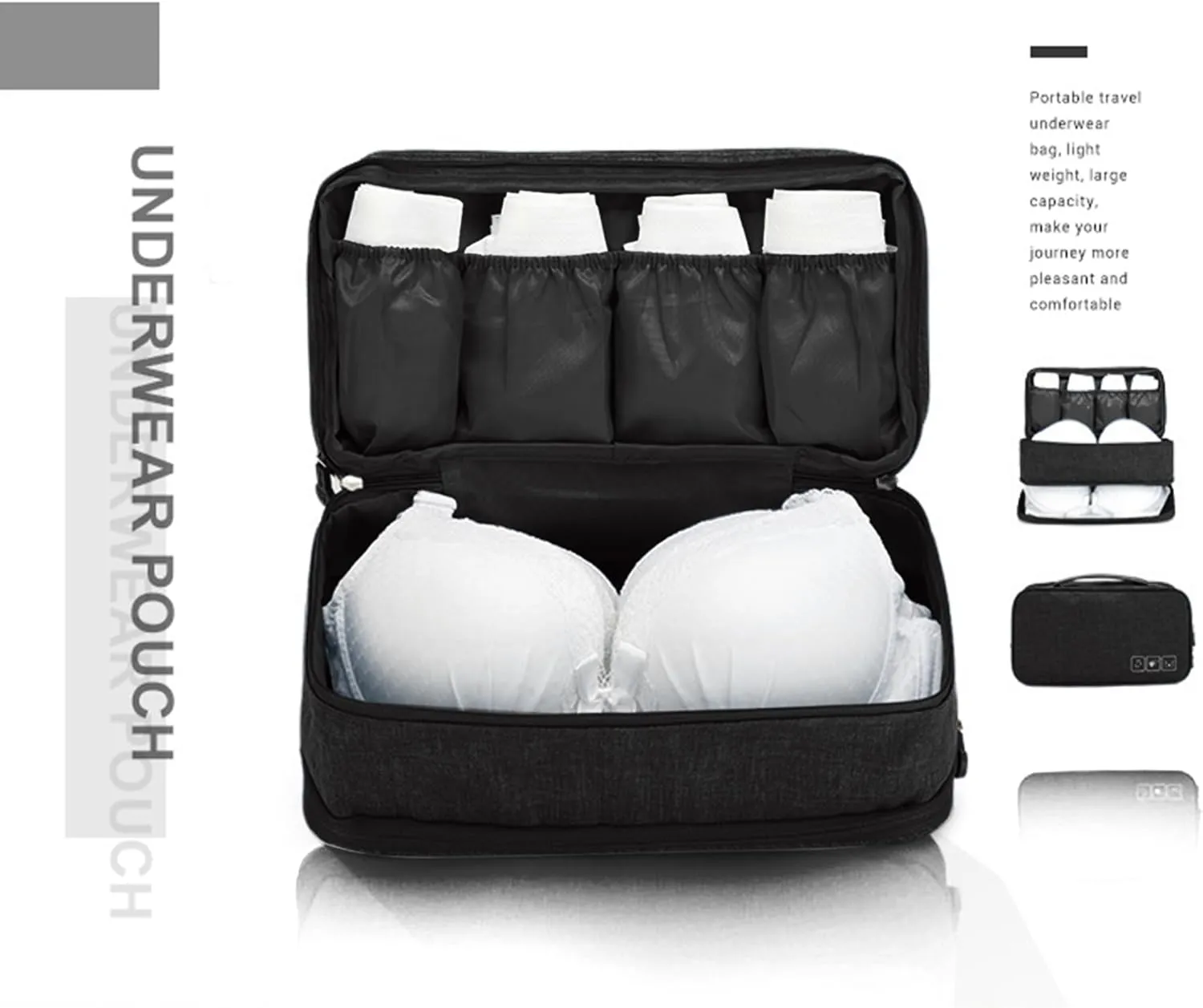 Travel Underwear Organizer Bag Portable Bra Socks Lingerie Cosmetic Storage Bag Travel Essentials Packing Cubes,Black