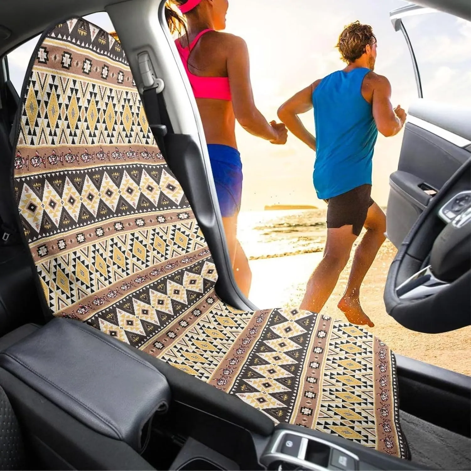 Tribal Aztec Car Seat Hoodie, Southwest Stripe Waterproof Towel Automotive Seat Cover Only Front Seat, Car Seat Cover Protector Non Slip Backing Universal Fit for SUV Sedan Van Trucks