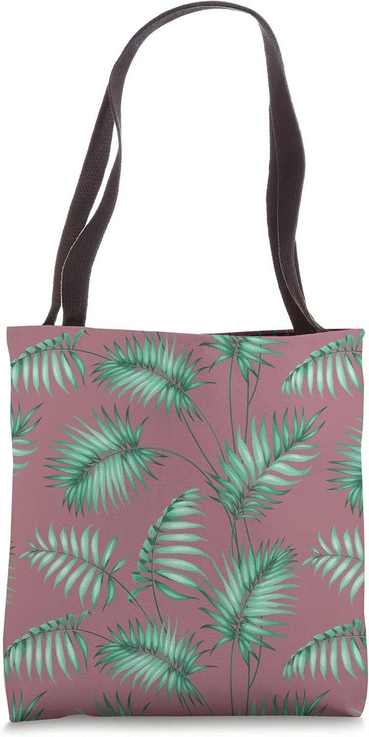 Tropical Botanical Green Palm Leaf Pattern - Dark Mauve Pink Tote Bag