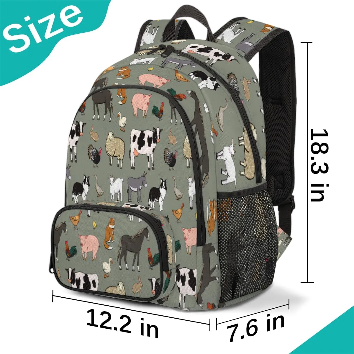 TropicalLife Cute Farm Animals Rooster Cow Bookbag 18 Inch School Backpack Teens Girls Boys Schoolbag Shoulder Computer Hiking Gym Travel Casual Travel Daypack