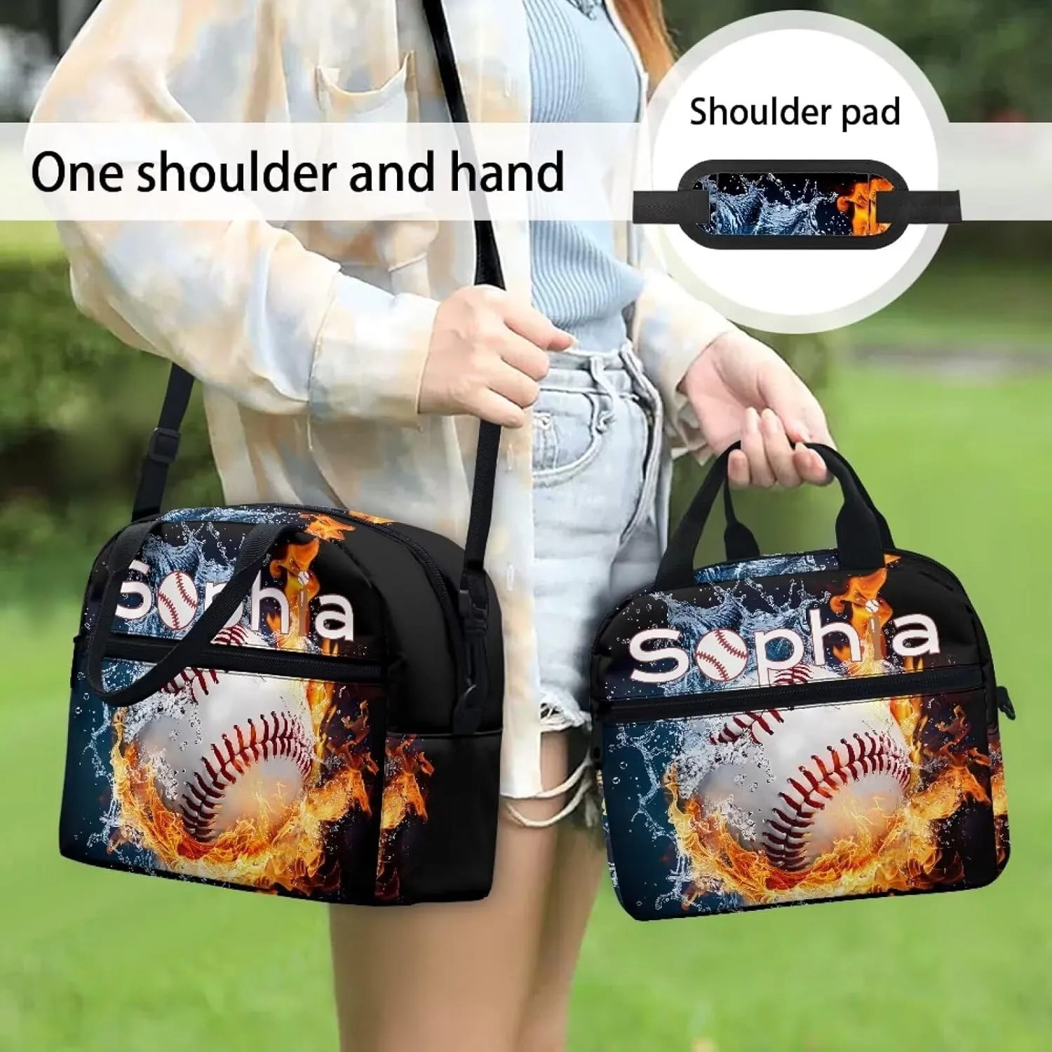 Tuoxiukan Customized Lunch Box with Name Baseball Insulated Lunch Bag for Girls Boys Fire Water Lunchbag Crossbody Lunch Box Purse Leakproof Freezable Cooler Bag Meal Bento Bags Office Work School