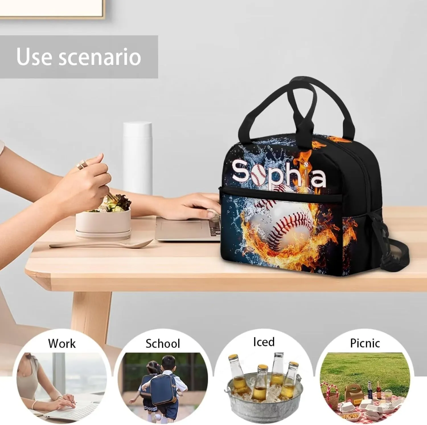 Tuoxiukan Customized Lunch Box with Name Baseball Insulated Lunch Bag for Girls Boys Fire Water Lunchbag Crossbody Lunch Box Purse Leakproof Freezable Cooler Bag Meal Bento Bags Office Work School