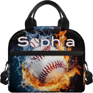 Tuoxiukan Customized Lunch Box with Name Baseball Insulated Lunch Bag for Girls Boys Fire Water Lunchbag Crossbody Lunch Box Purse Leakproof Freezable Cooler Bag Meal Bento Bags Office Work School